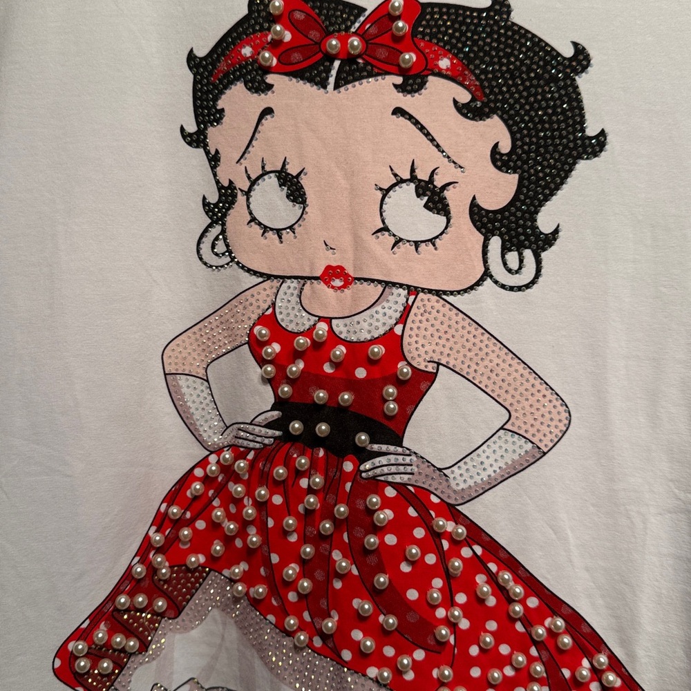 BLING Betty Boop Graphic Tee Womens LARGE / XL White Rhinestone Beaded Crew Neck - Picture 3 of 7